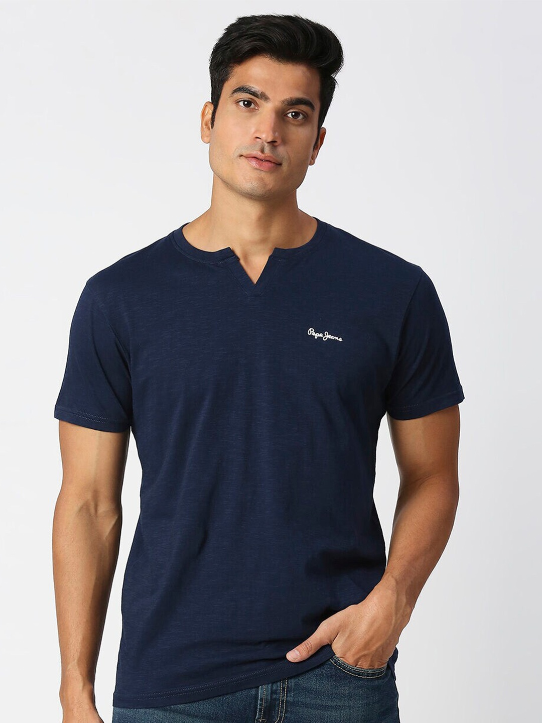 

Pepe Jeans Men Notched Neck Pure Cotton Slim Fit T-shirt, Navy blue