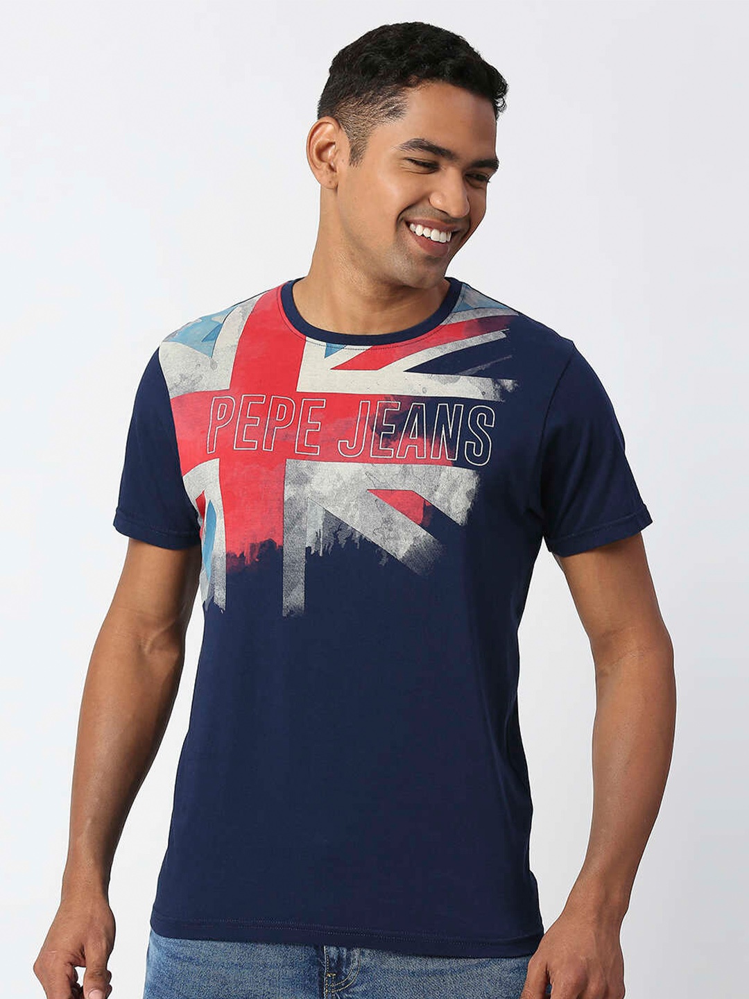 

Pepe Jeans Men Graphic Printed Pure Cotton Slim Fit T-shirt, Navy blue