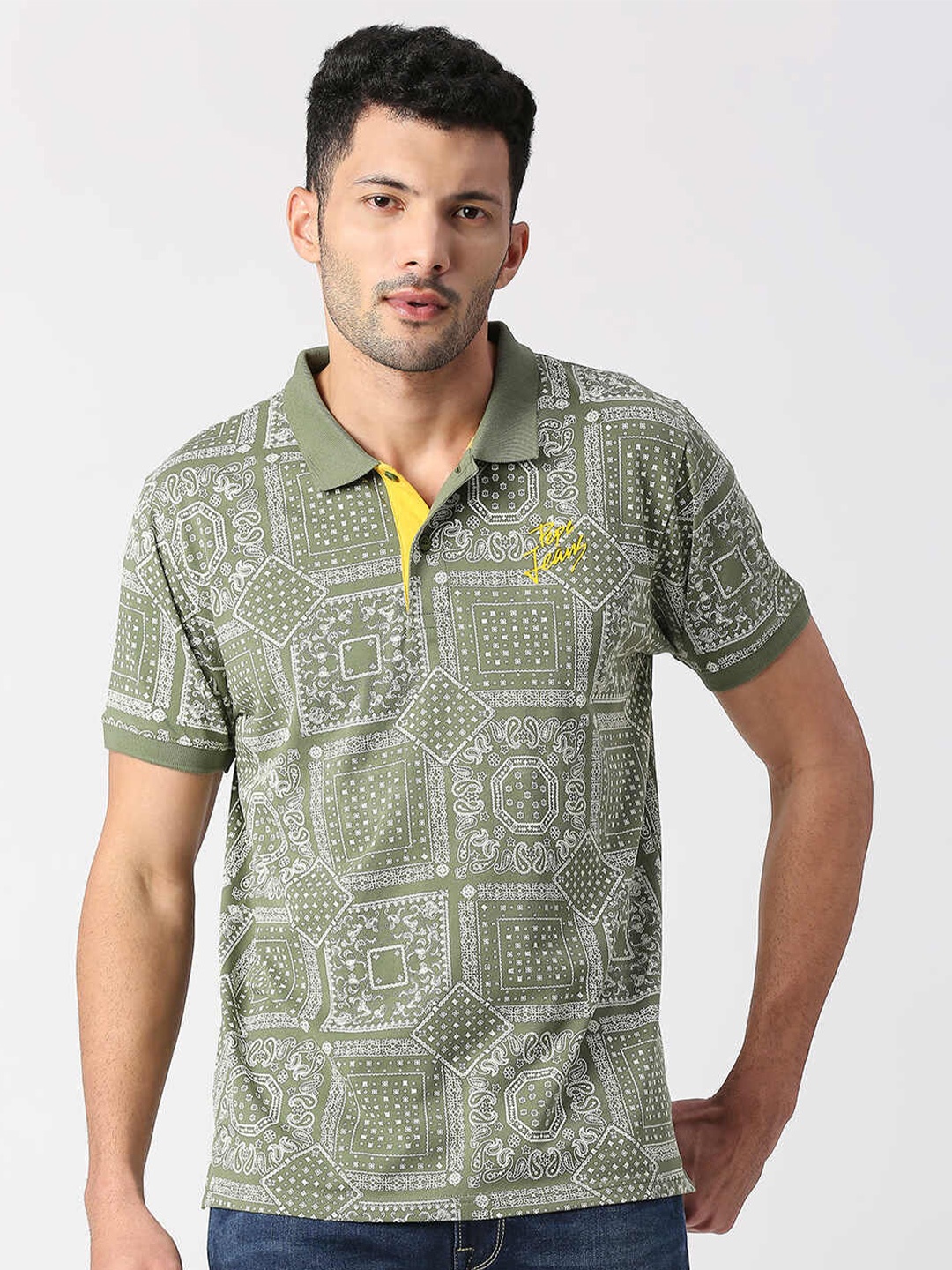 

Pepe Jeans Men Bandana Pure Cotton Polo Collar T-shirt, Olive