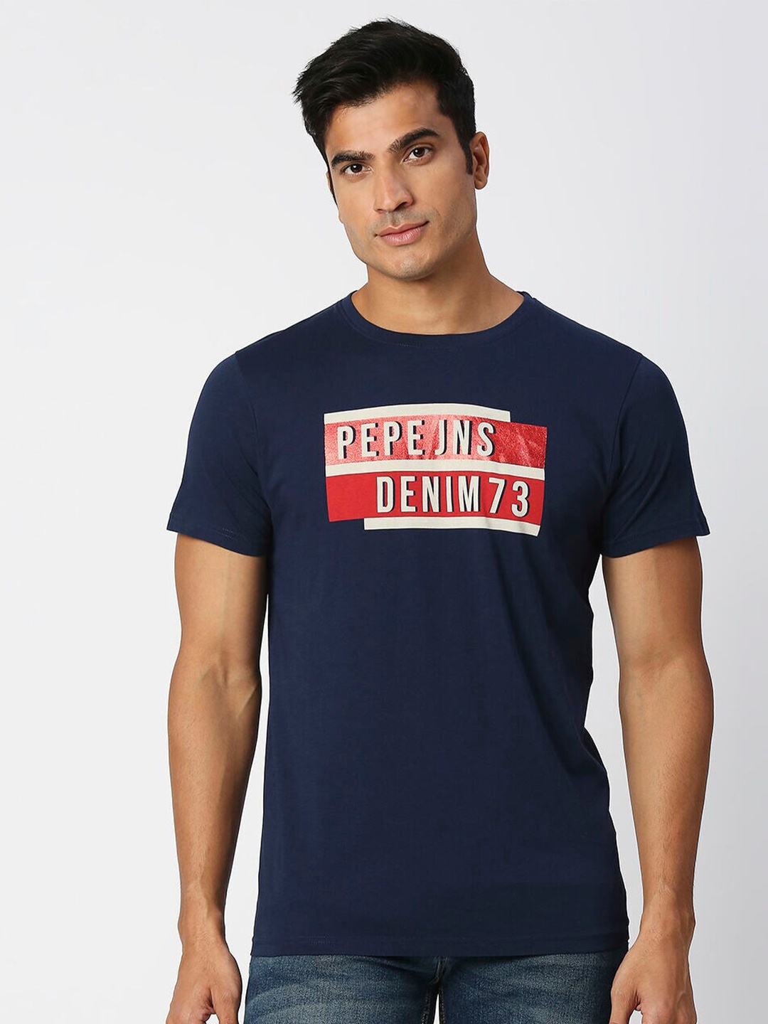 

Pepe Jeans Brand Logo Printed Pure Cotton Slim Fit T-shirt, Navy blue