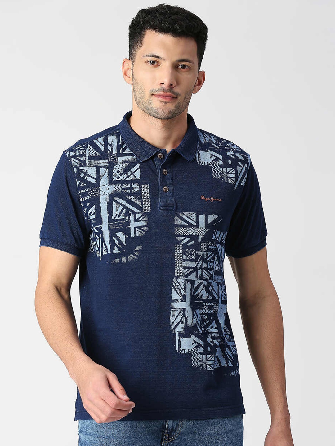 Pepe Jeans Men Graphic Printed Pure Cotton Polo Collar T-shirt, Navy blue