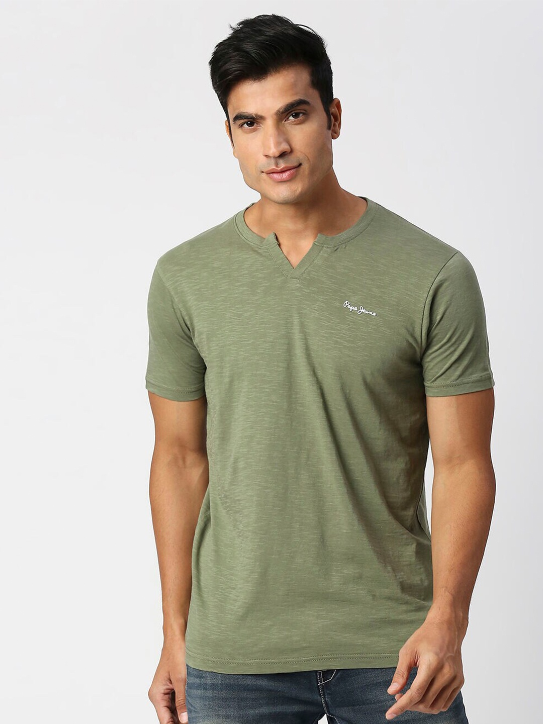 

Pepe Jeans Men Notched Neck Pure Cotton Slim Fit T-shirt, Olive