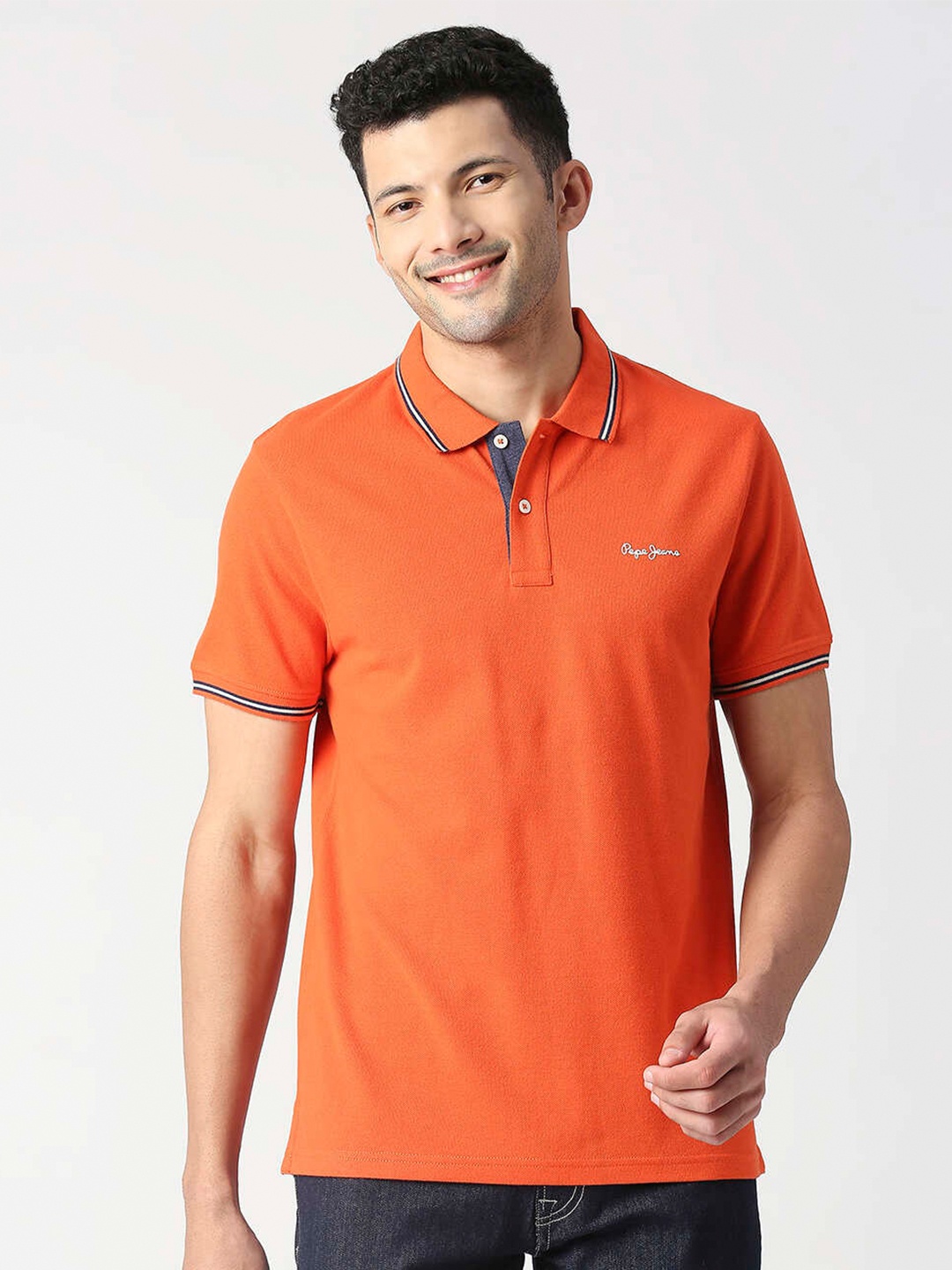 

Pepe Jeans Men Pure Cotton Polo Collar T-shirt, Orange