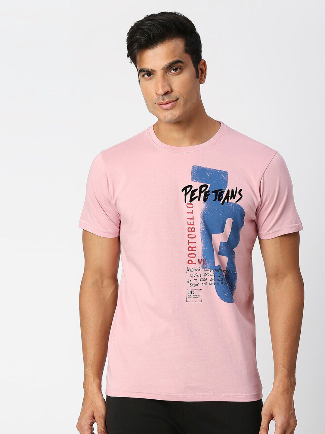 

Pepe Jeans Men Graphic Printed Pure Cotton Slim Fit T-shirt, Pink