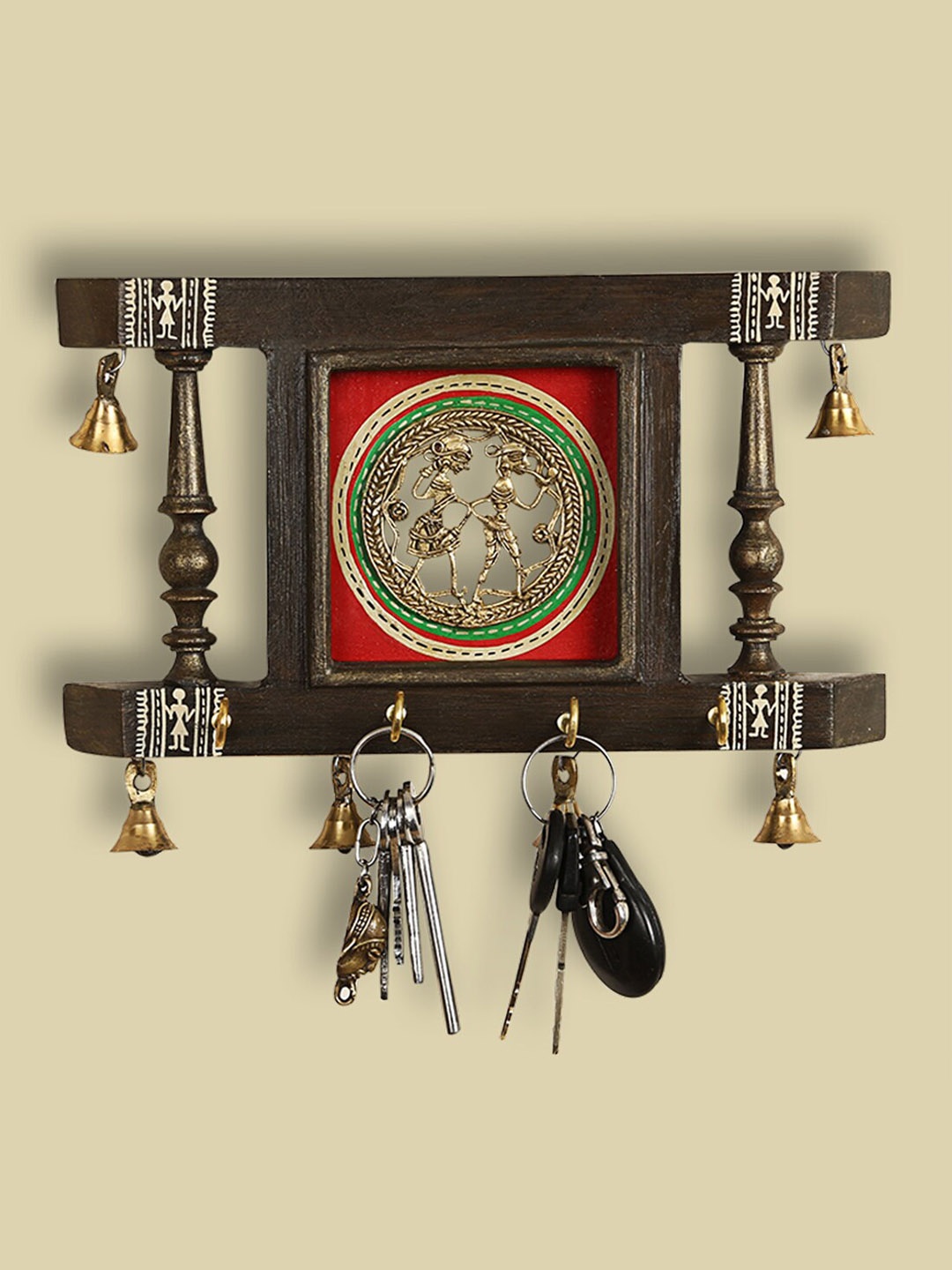 

ExclusiveLane Brown & Red Teak Wood Dhokra Art Pattern Wall Hanging Key Holder