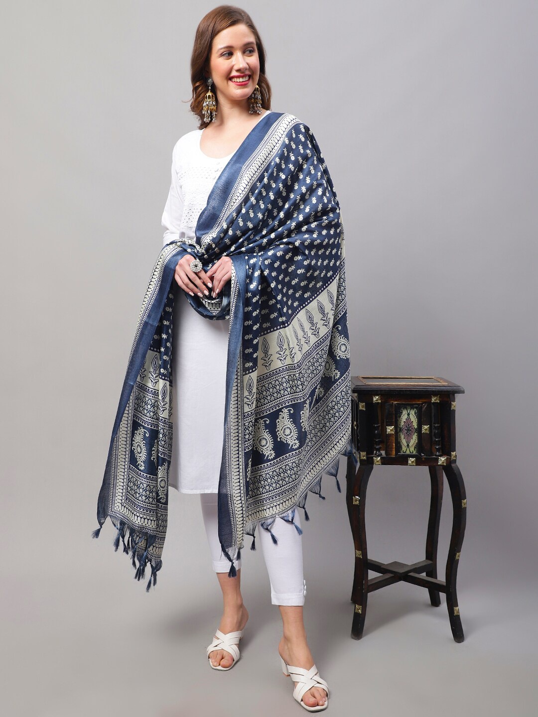 

LOOM LEGACY Jaipuri Printed Dupatta, Blue