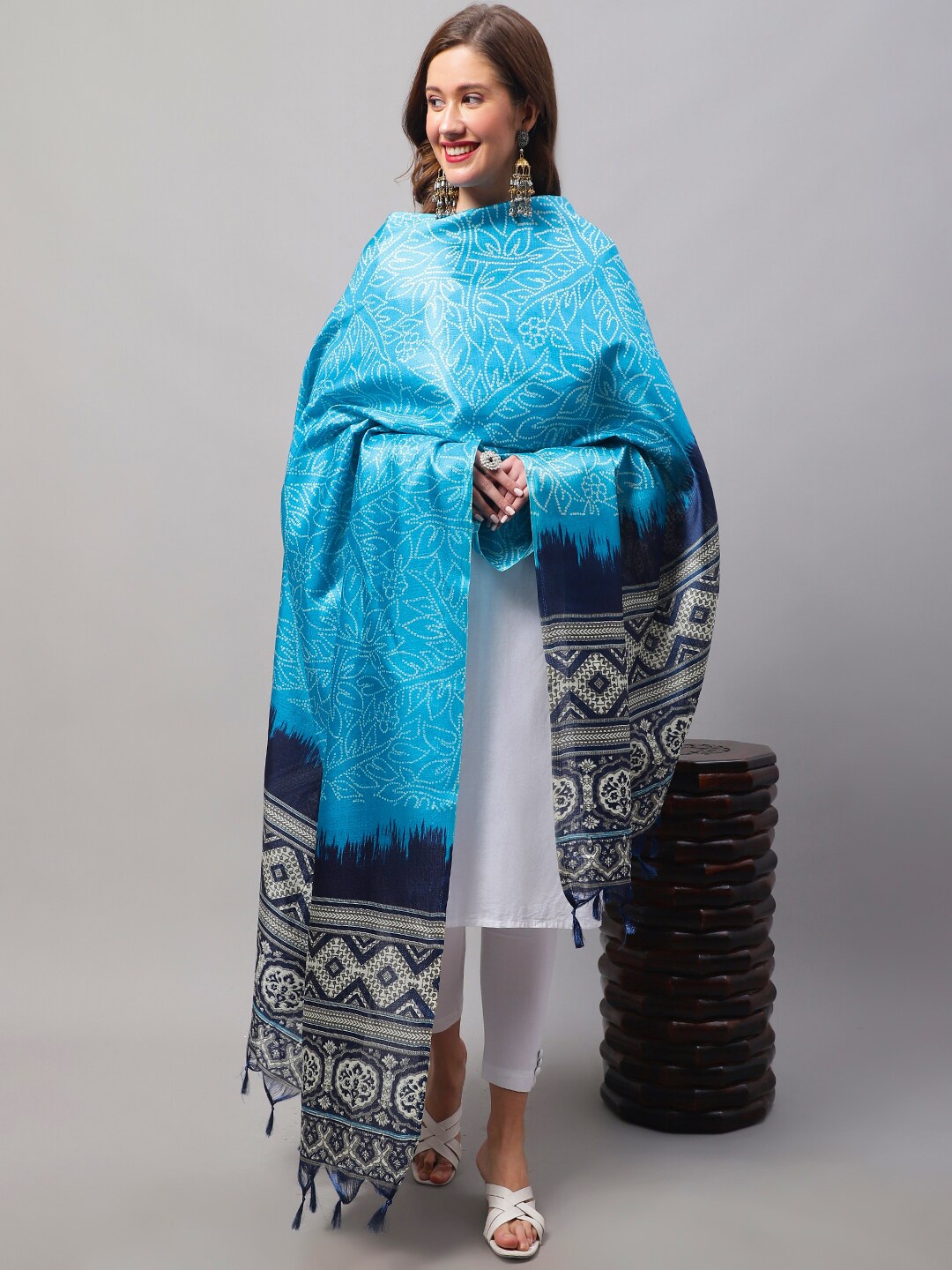 

LOOM LEGACY Printed Dupatta With Tasselled, Turquoise blue