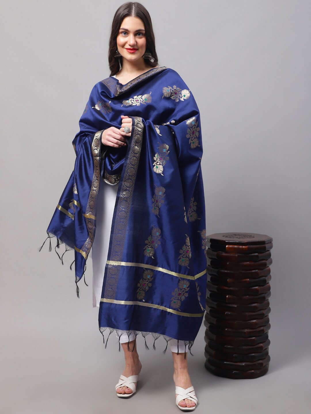 

LOOM LEGACY Ethnic Motifs Woven Design Art Silk Dupatta with Zari, Blue