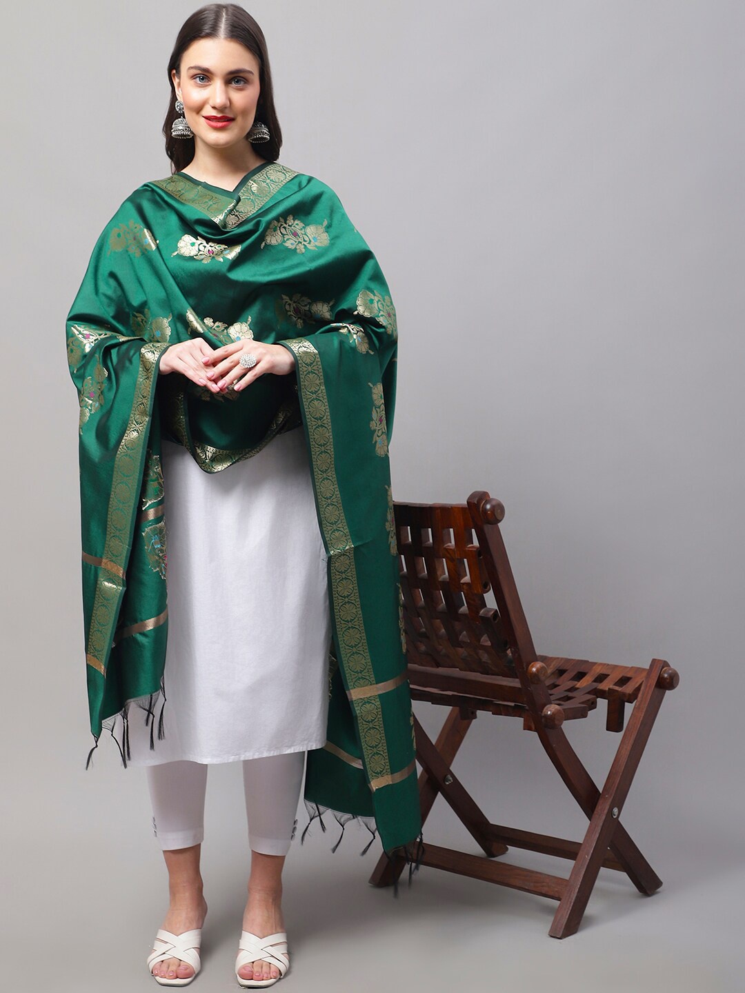 

LOOM LEGACY Ethnic Motifs Woven Design Art Silk Dupatta with Zari, Green