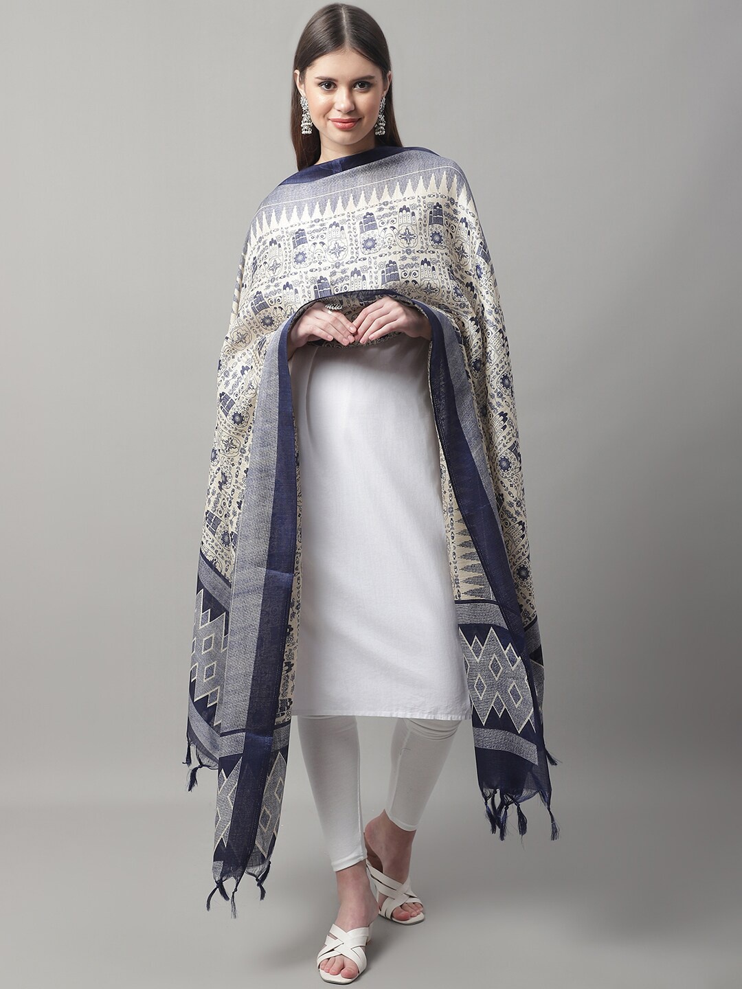 

LOOM LEGACY Printed Dupatta With Tasselled, Blue