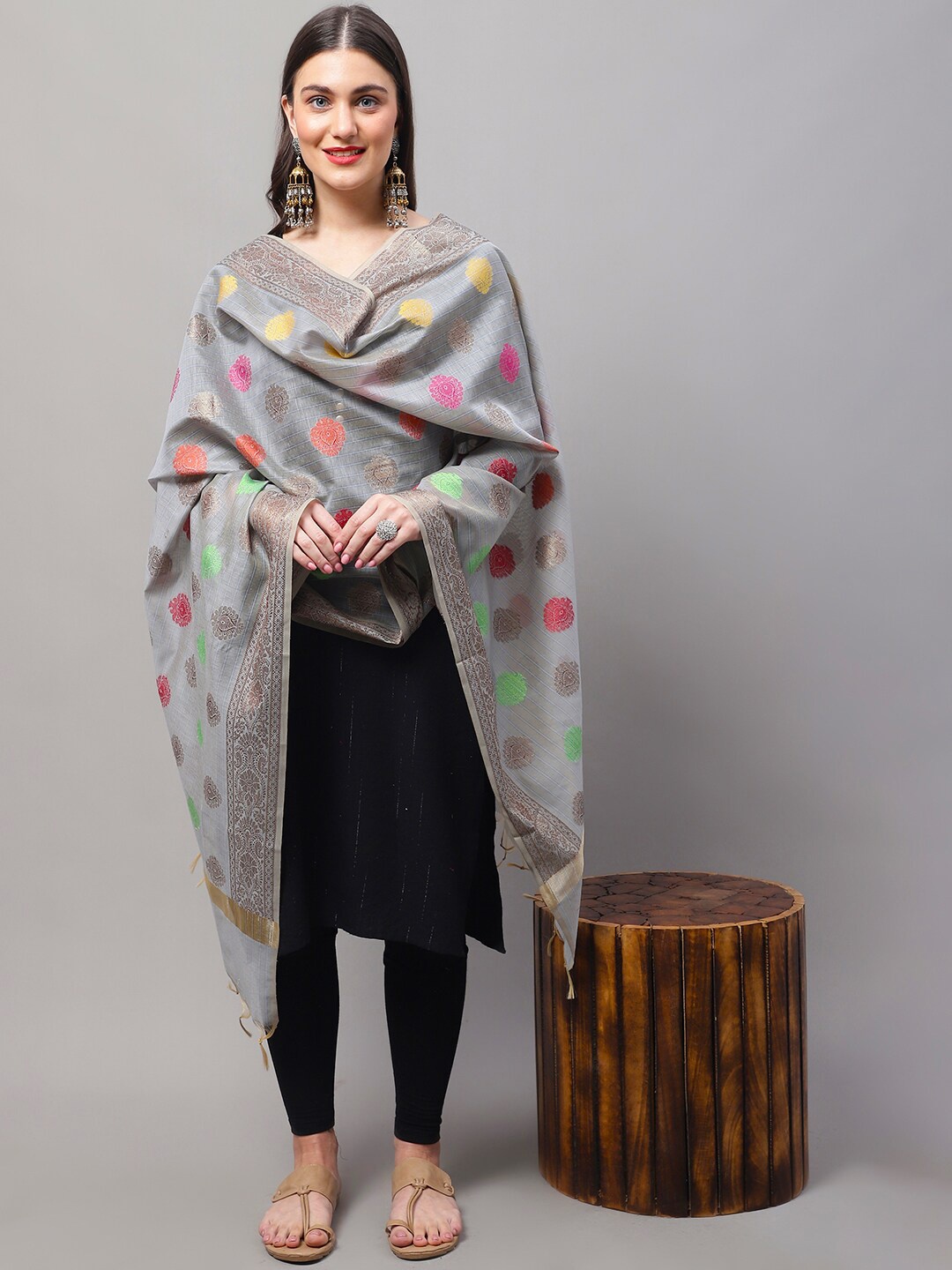 

LOOM LEGACY Ethnic Motifs Woven Design Cotton Silk Dupatta with Zari, Grey melange