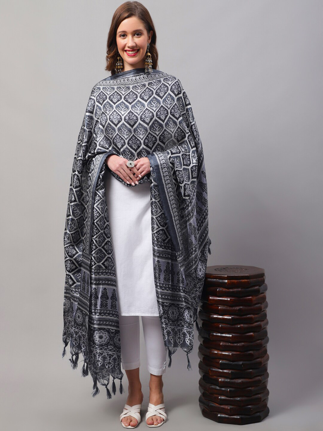 

LOOM LEGACY Ethnic Motifs Printed Dupatta, Grey melange