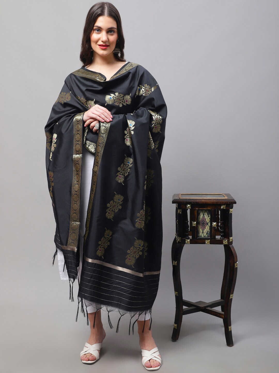 

LOOM LEGACY Ethnic Motifs Woven Design Art Silk Dupatta with Zari, Black
