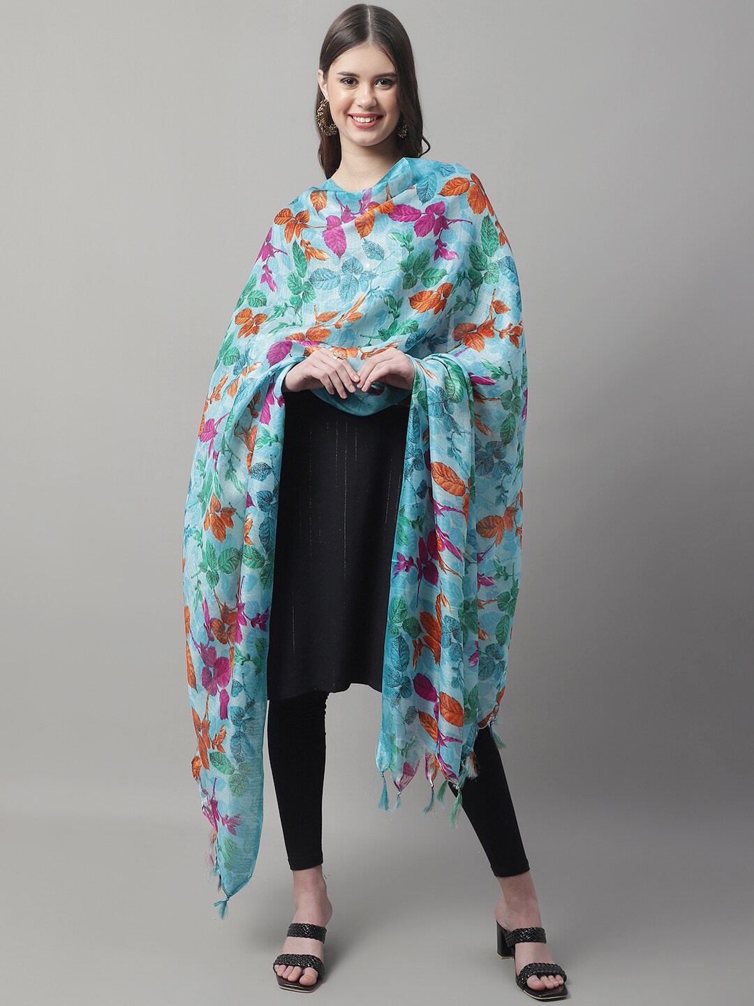 

LOOM LEGACY Printed Dupatta With Tasselled, Turquoise blue