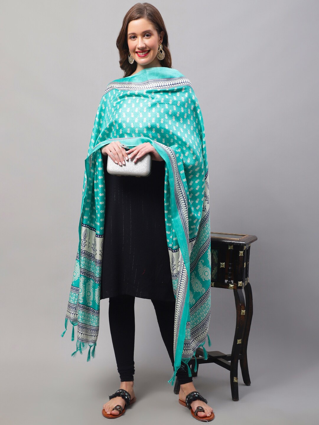 

LOOM LEGACY Printed Dupatta With Tasselled, Turquoise blue