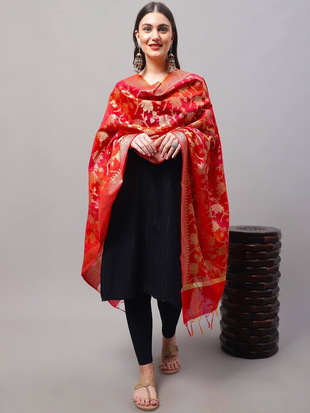 

LOOM LEGACY Woven Design Cotton Silk Dupatta with Zari, Red