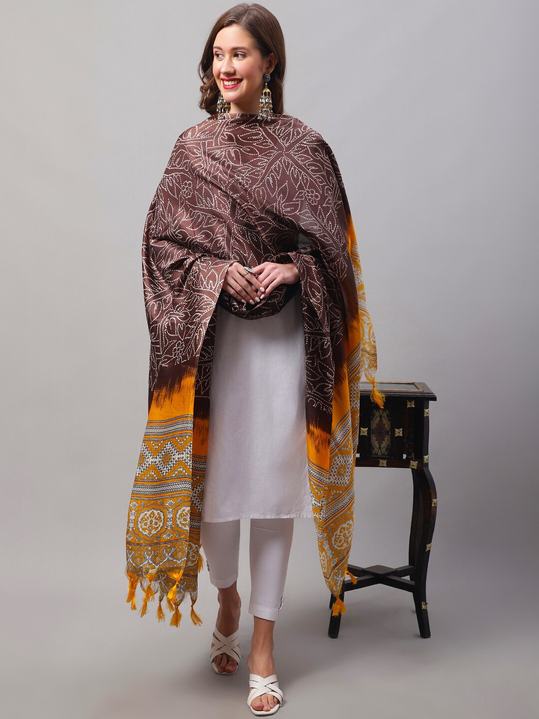

LOOM LEGACY Printed Dupatta With Tasselled, Brown