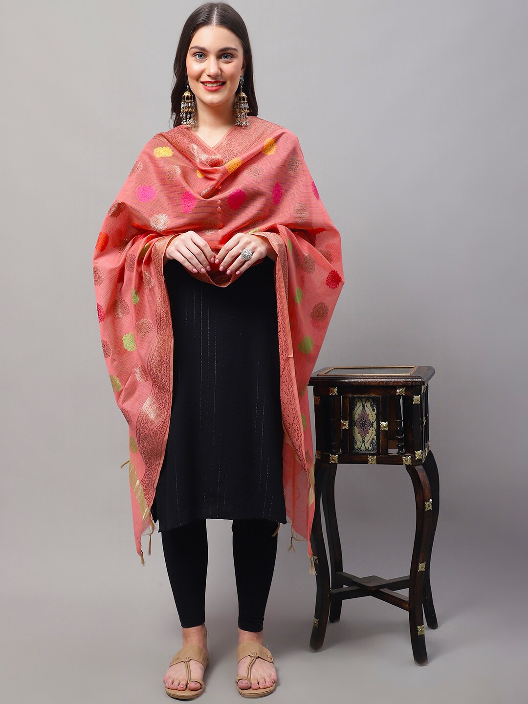 

LOOM LEGACY Ethnic Motifs Woven Design Cotton Silk Dupatta with Zari, Orange