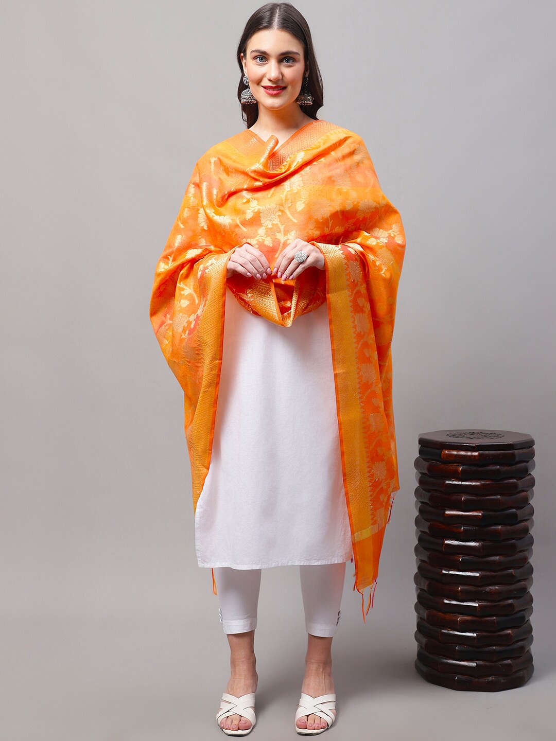 

LOOM LEGACY Woven Design Cotton Silk Dupatta with Zari, Orange