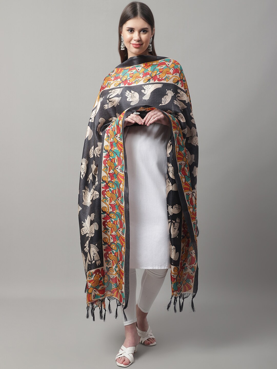 

LOOM LEGACY Printed Dupatta With Tasselled, Black