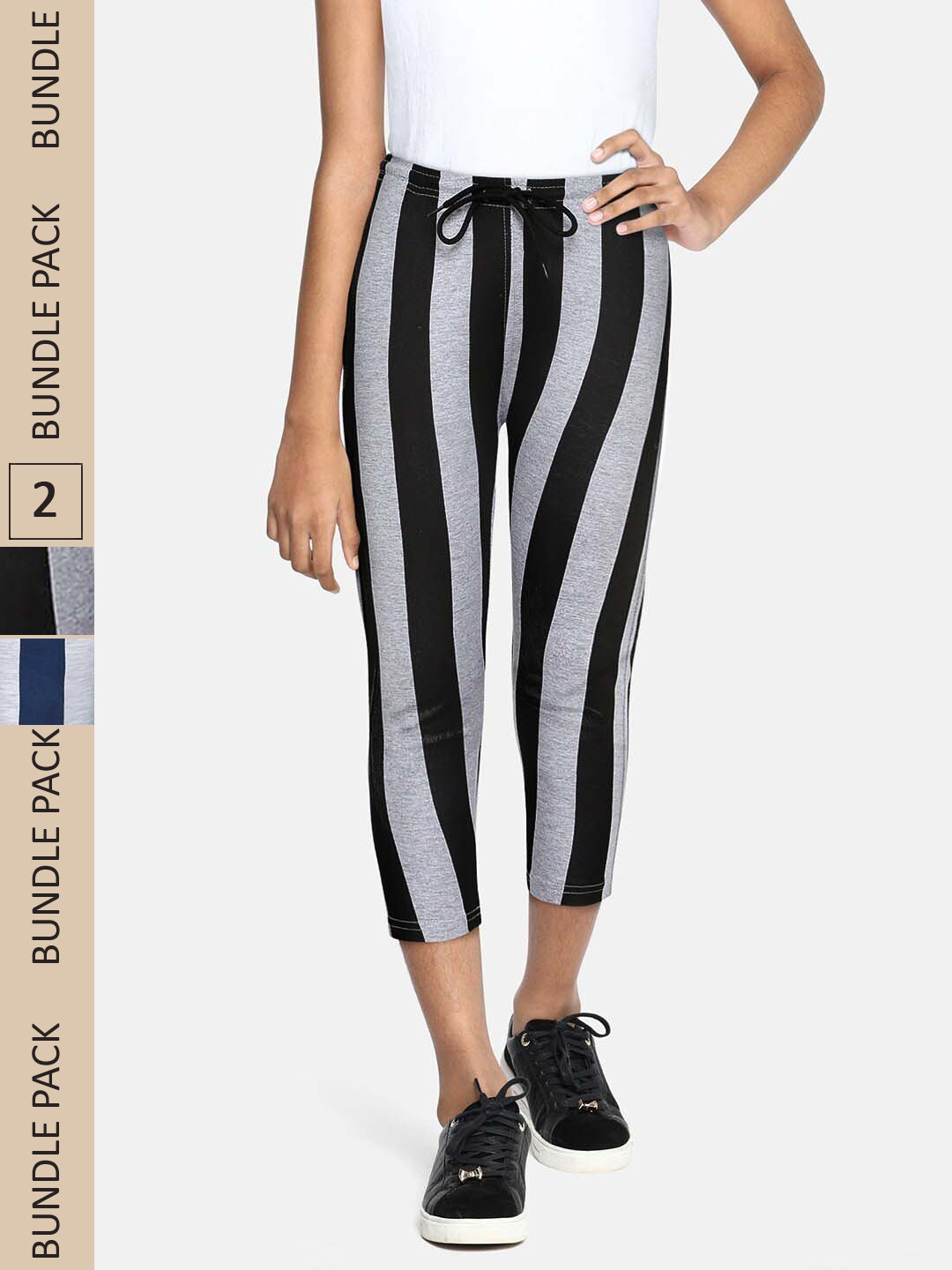 

SEYBIL Girls Pack of 2 Striped Mid-Rise Capris, Grey melange