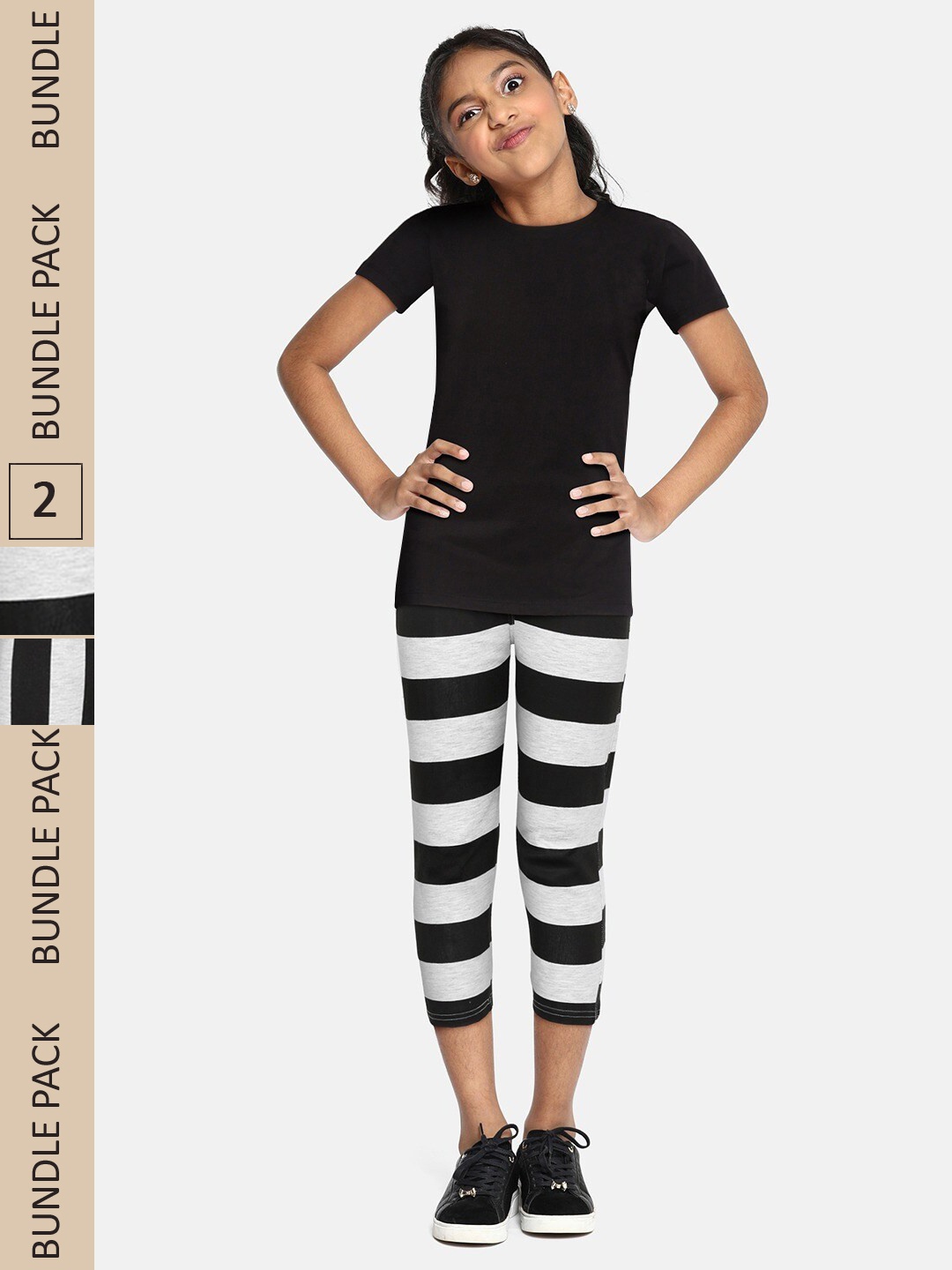 

SEYBIL Girls Pack of 2 Striped Mid-Rise Capris, Grey melange