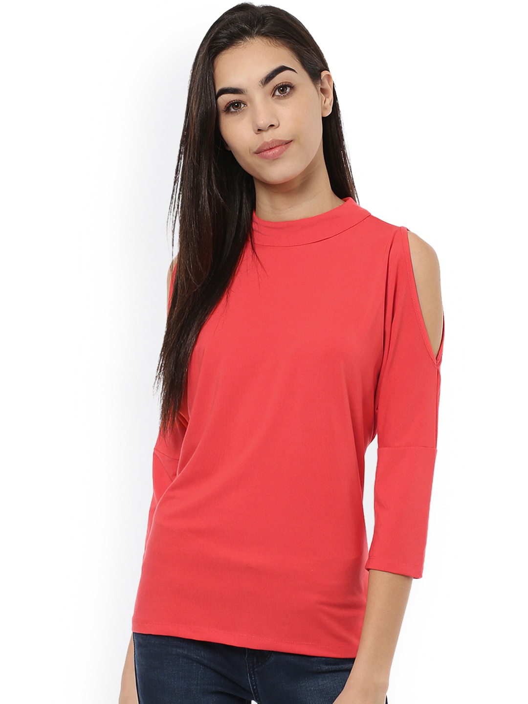 

Harpa Women Coral Red Solid Cold Shoulder Top