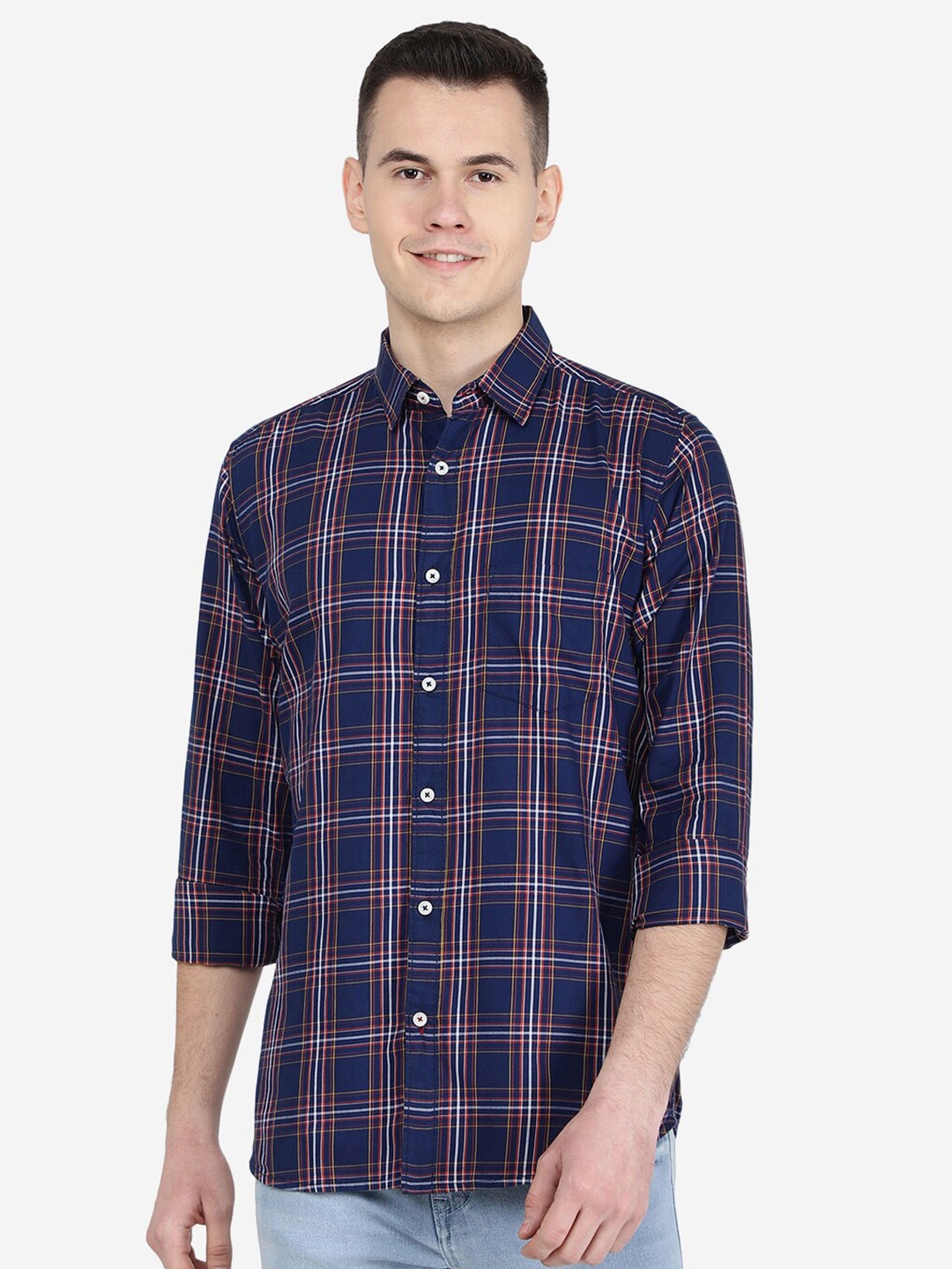 

JADE BLUE Slim Fit Tartan Checks Checked Cotton Casual Shirt, Navy blue