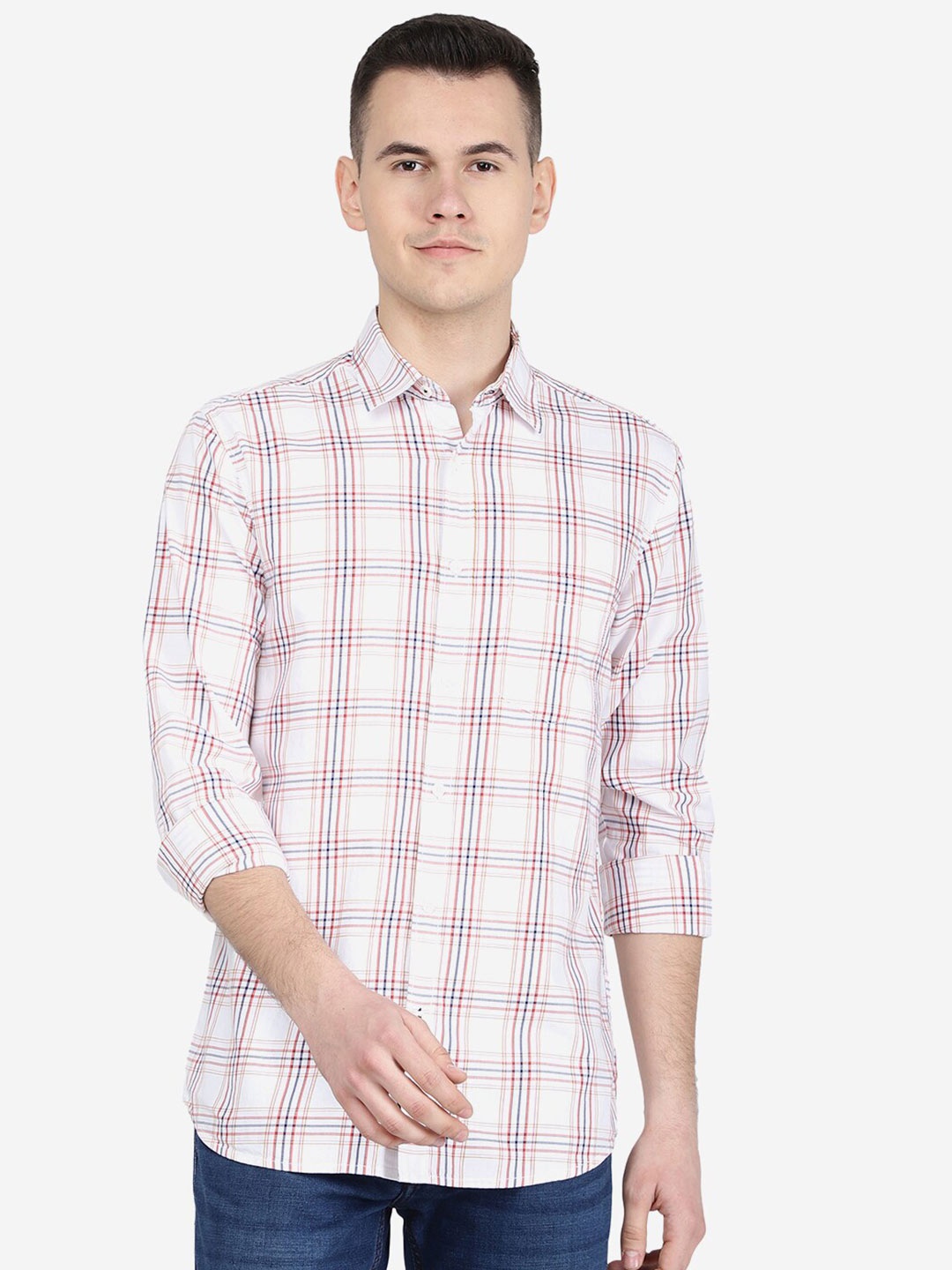 

JADE BLUE Men Slim Fit Checked Cotton Casual Shirt, White