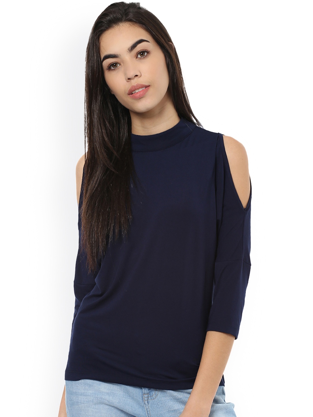 

Harpa Women Navy Blue Solid Cold Shoulder Top