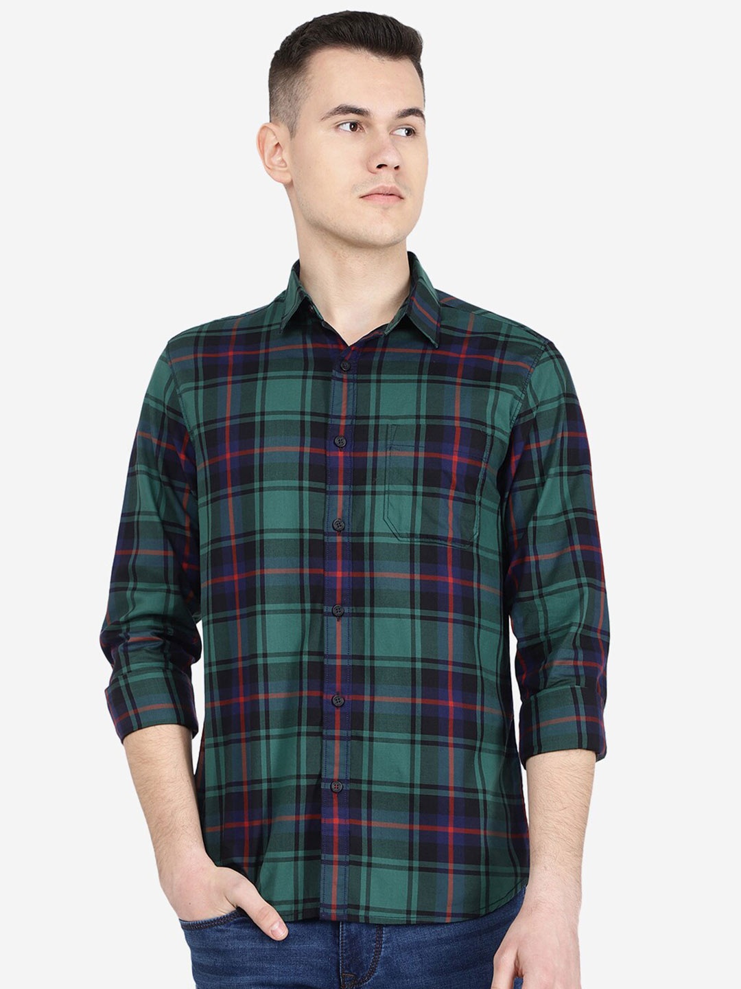 

JADE BLUE Slim Fit Tartan Checked Casual Cotton Shirt, Green