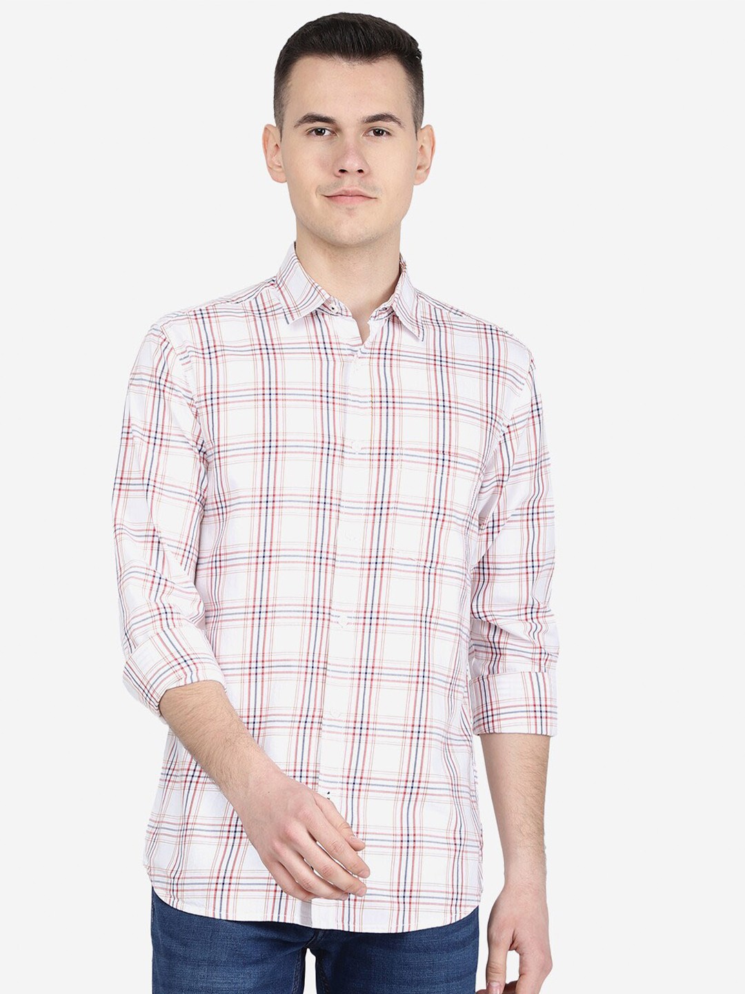 

JADE BLUE Men Slim Fit Checked Cotton Casual Shirt, Off white