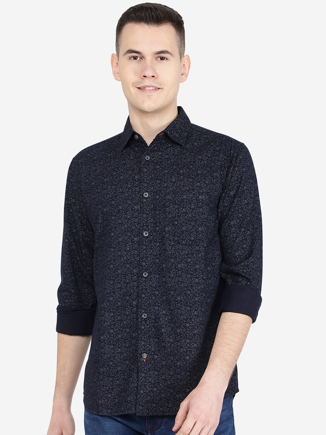 

JADE BLUE Slim Fit Floral Printed Cotton Casual Shirt, Navy blue