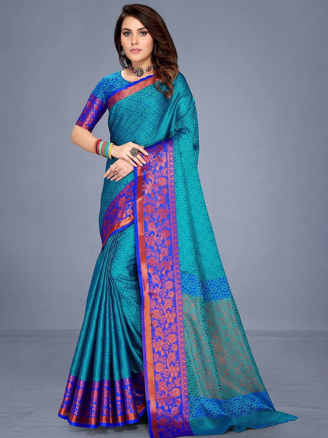 

VENISA Ethnic Motifs Woven Design Zari Saree, Teal