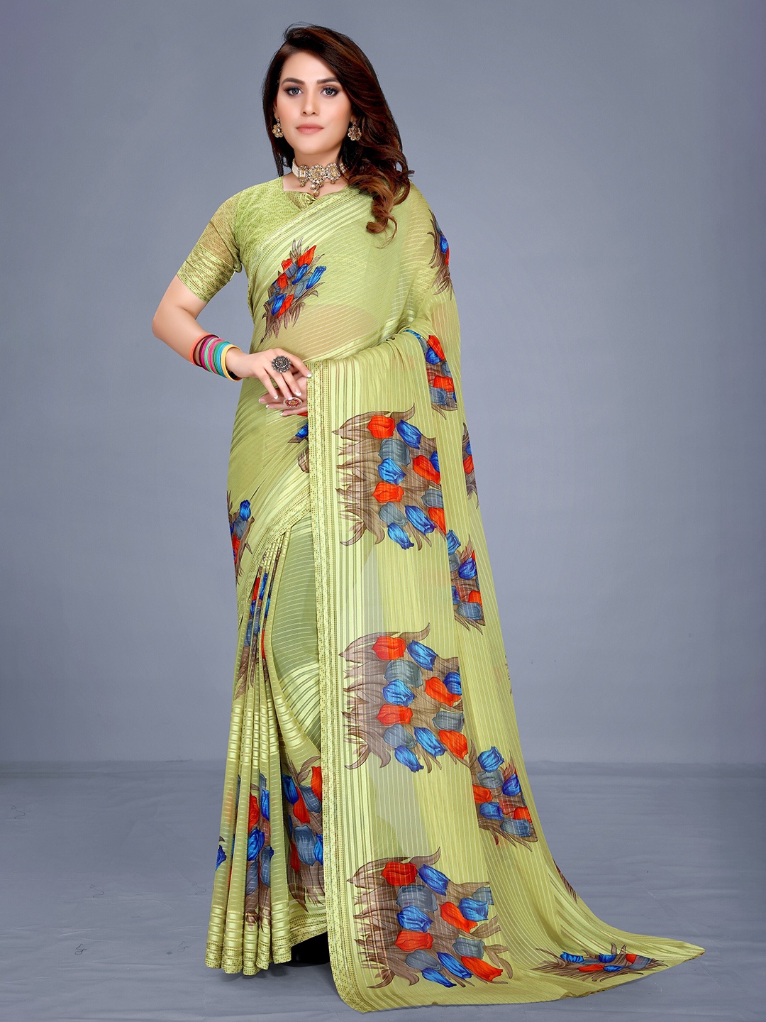 

VENISA Floral Printed Bagh Saree, Green