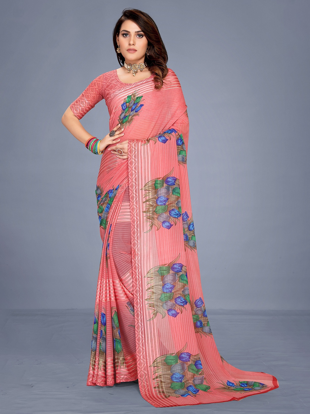 

VENISA Floral Printed Bagh Saree, Peach