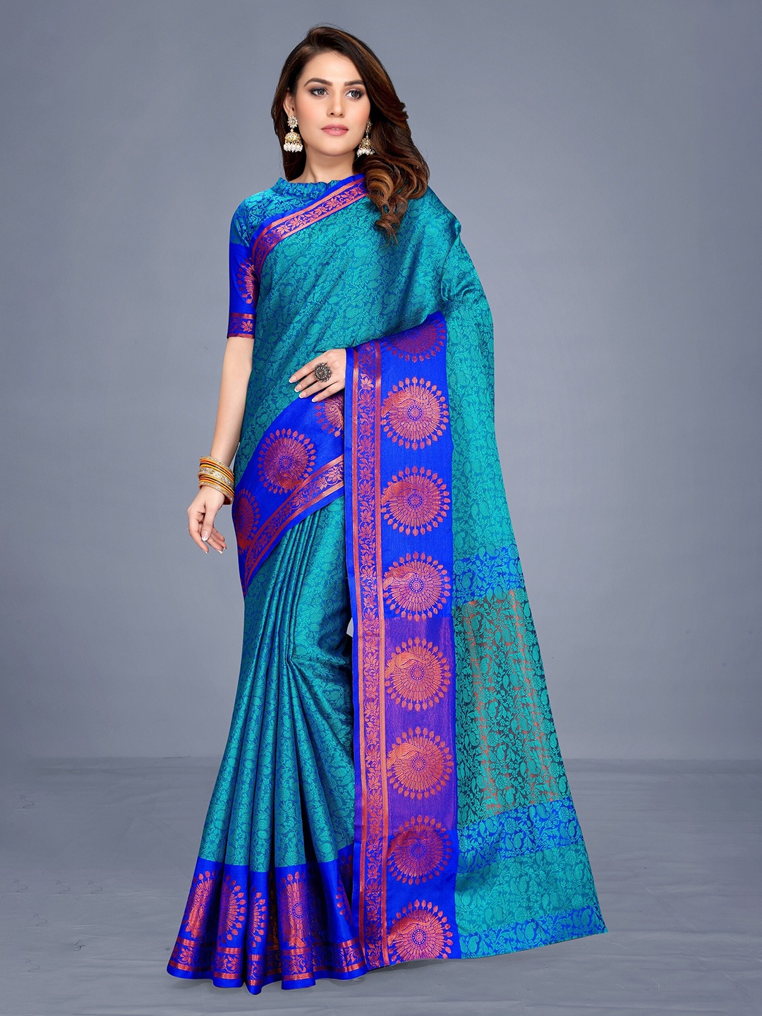 

VENISA Ethnic Motifs Woven Design Zari Saree, Turquoise blue