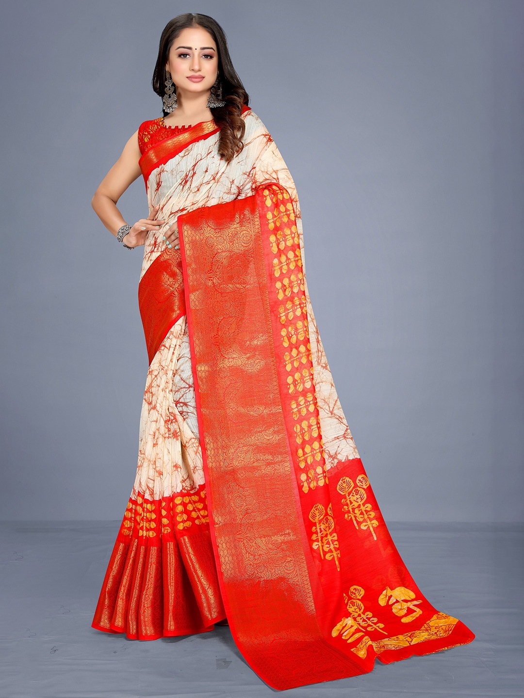 

VENISA Batik Printed Zari Saree, Cream