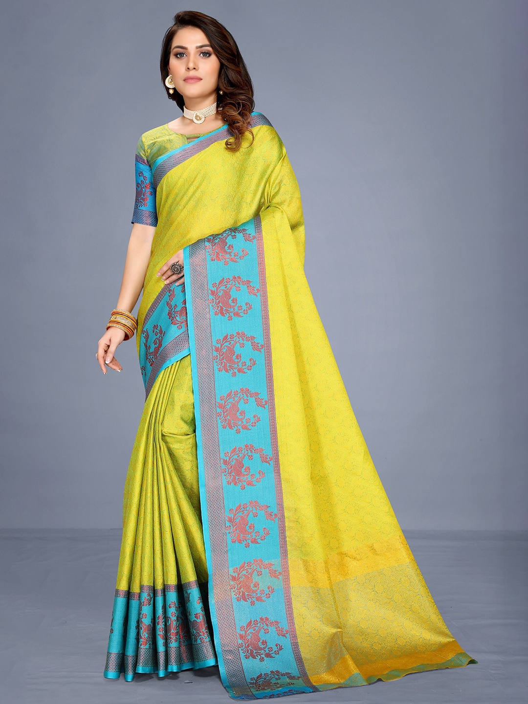 

VENISA Ethnic Motif Woven Design Zari Poly Silk Saree, Yellow