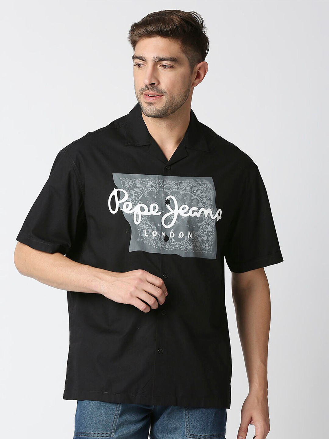 

Pepe Jeans Typography Printed Cotton Casual Shirt, Black