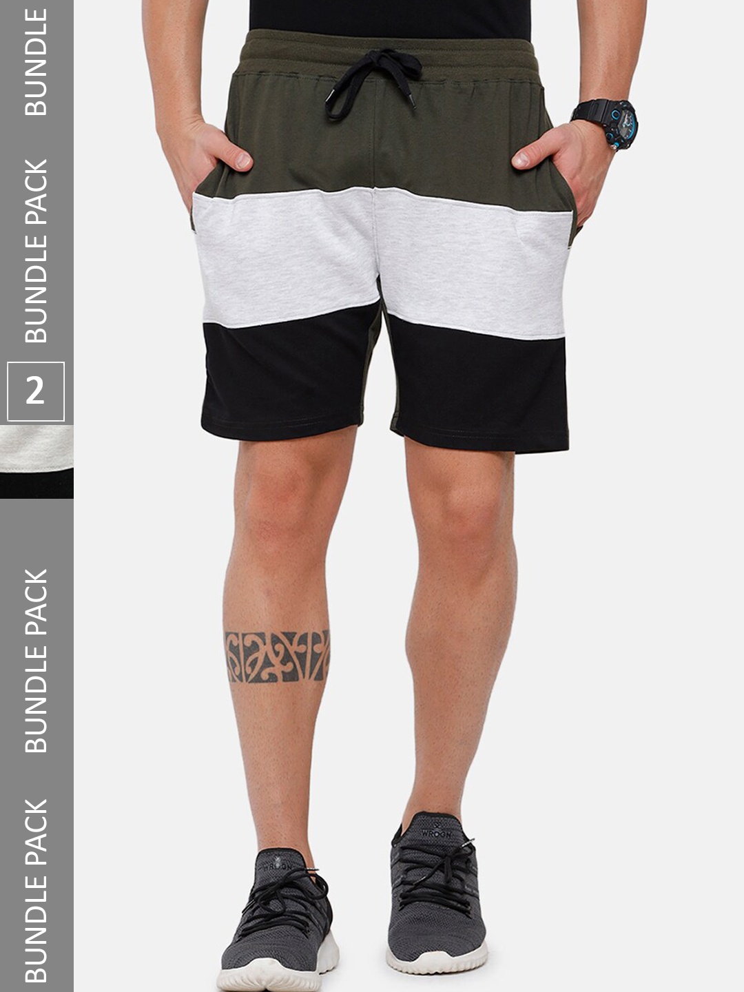 

MADSTO Men Pack of 2 Colourblocked Pure Cotton Shorts, Olive