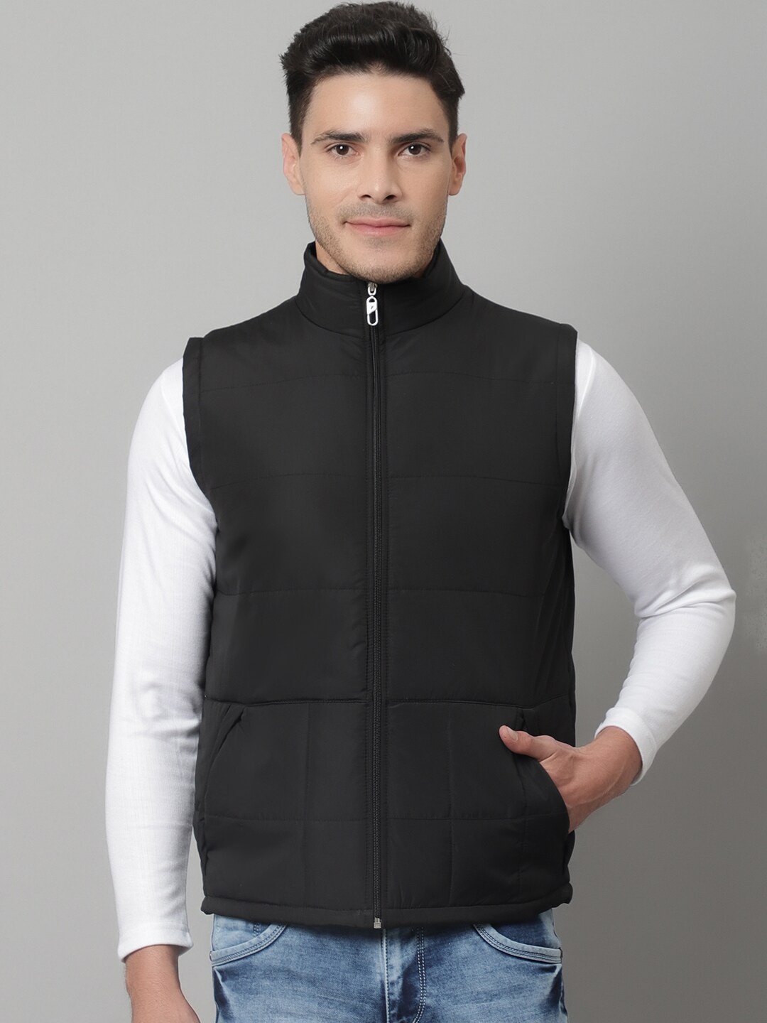 

Cantabil Solid Mock Collar Sleeveless Lightweight Padded Jacket, Black
