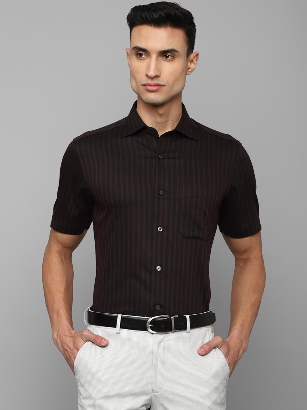 

Louis Philippe Permapress Grid Tattersall Checks Striped Wrinkle Free Formal Cotton Shirt, Black