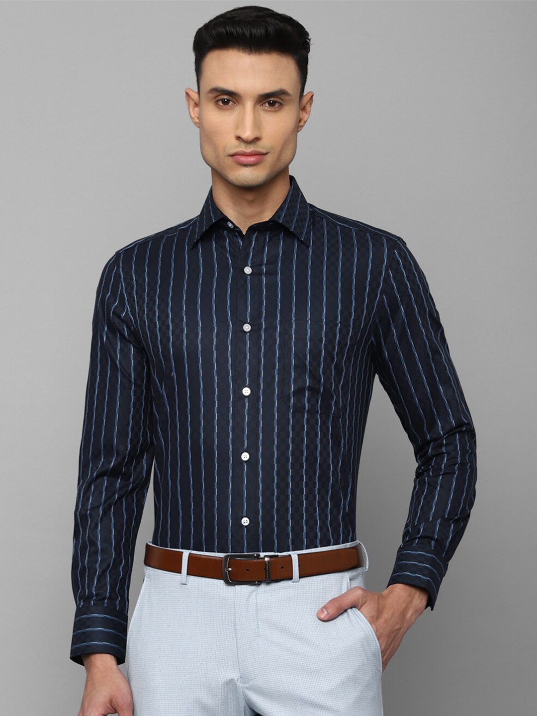 

Louis Philippe Striped Cotton Formal Shirt, Navy blue