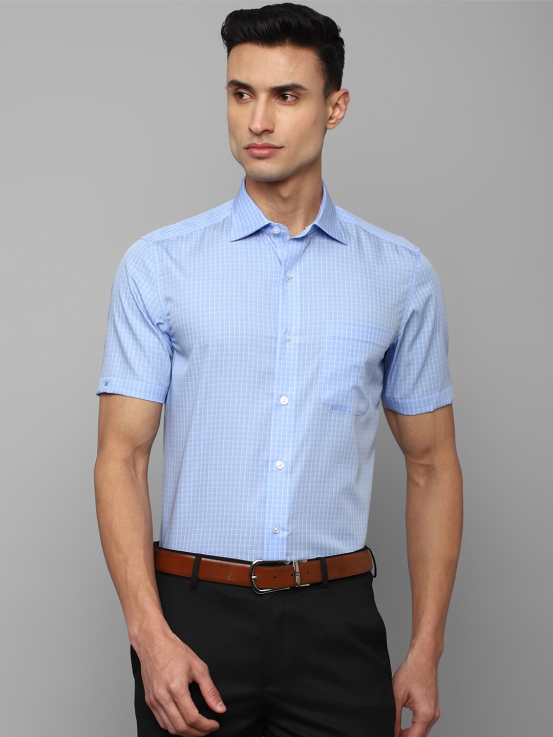 

Louis Philippe Grid Tattersall Checks Checked Pure Cotton Formal Shirt, Blue