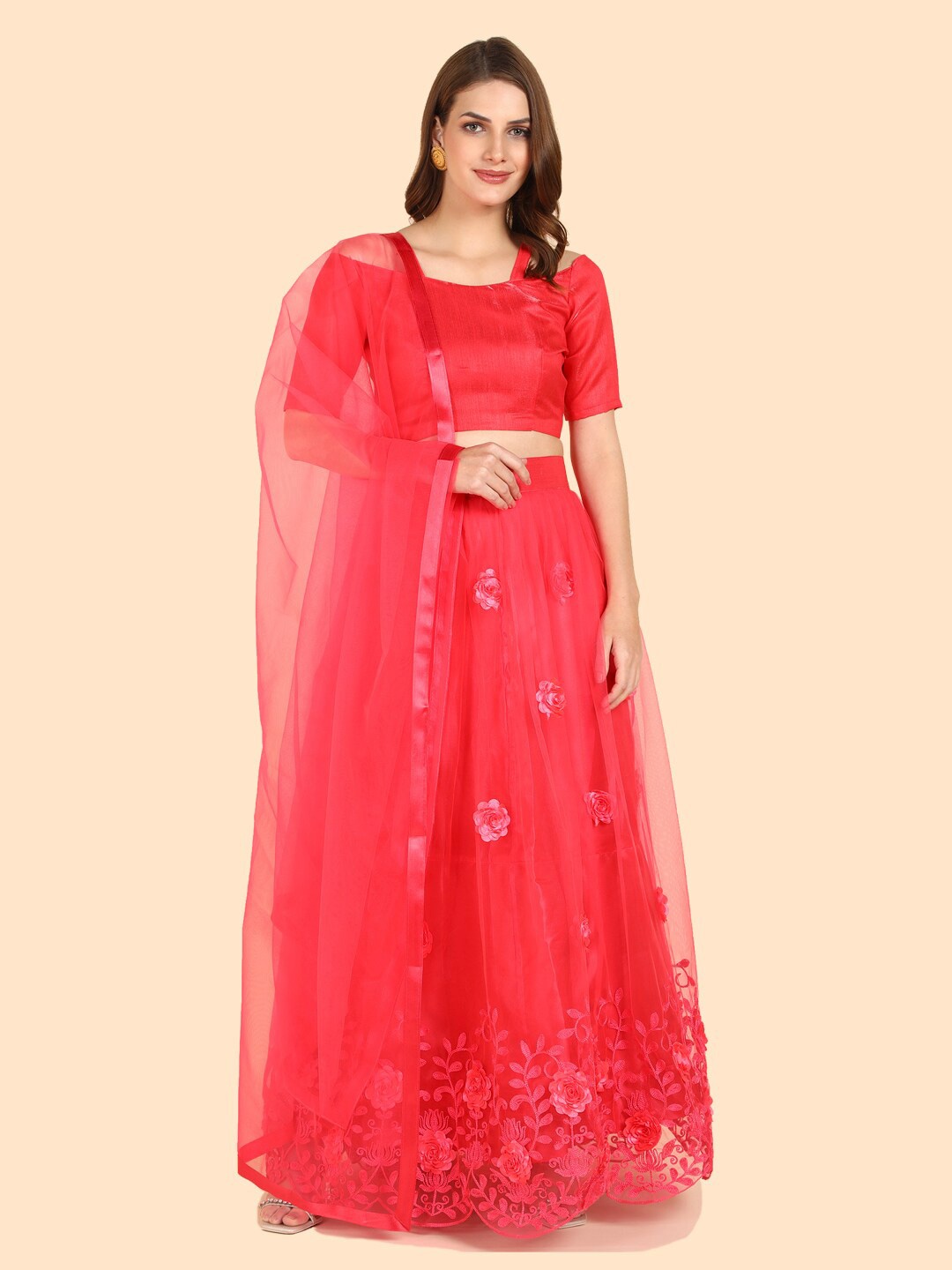 

FORKEY Sequinned Semi-Stitched Lehenga & Unstitched Blouse With Dupatta, Pink