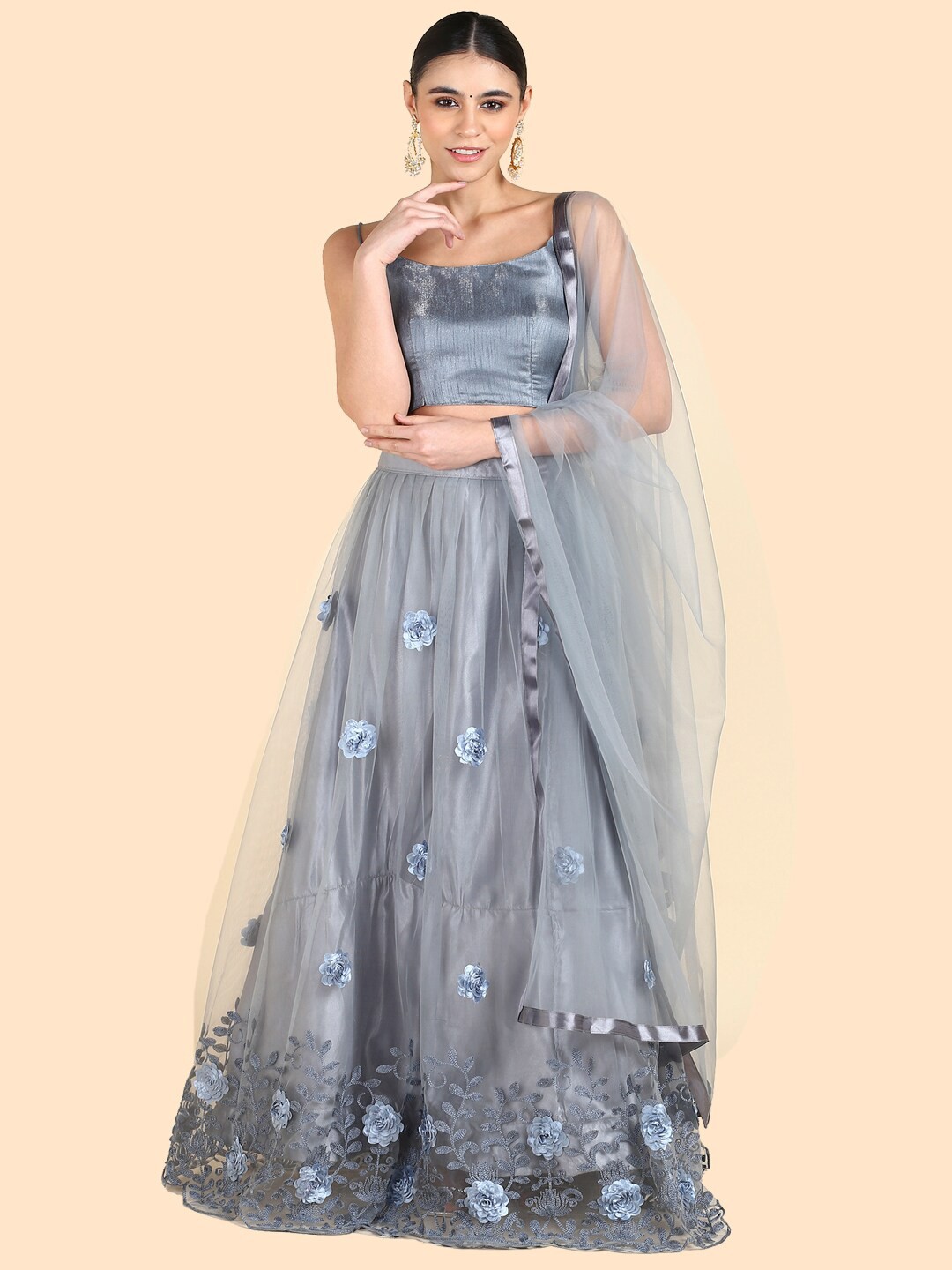 

FORKEY Semi-Stitched Lehenga & Unstitched Blouse With Dupatta, Grey