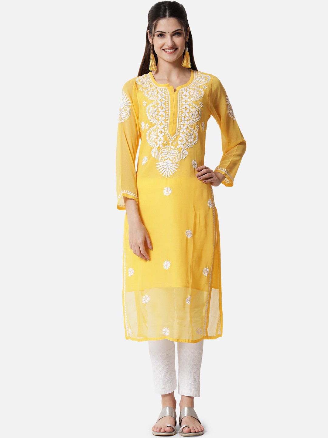 

PARAMOUNT CHIKAN Ethnic Motifs Embroidered Notched Neck Chikankari Georgette Kurta, Yellow