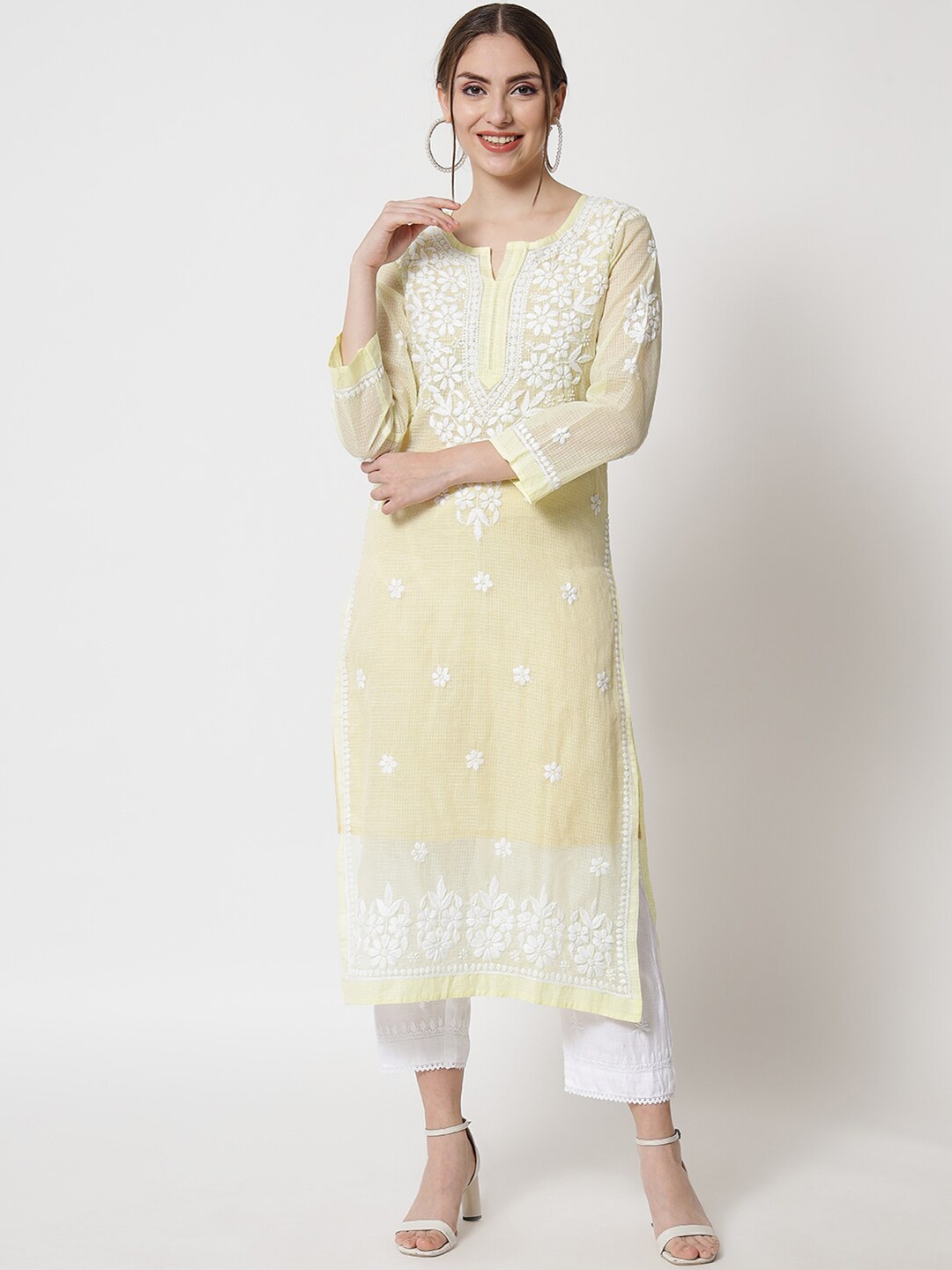 

PARAMOUNT CHIKAN Floral Chikankari Embroidered Cotton Kurta With Matching Slip, Yellow