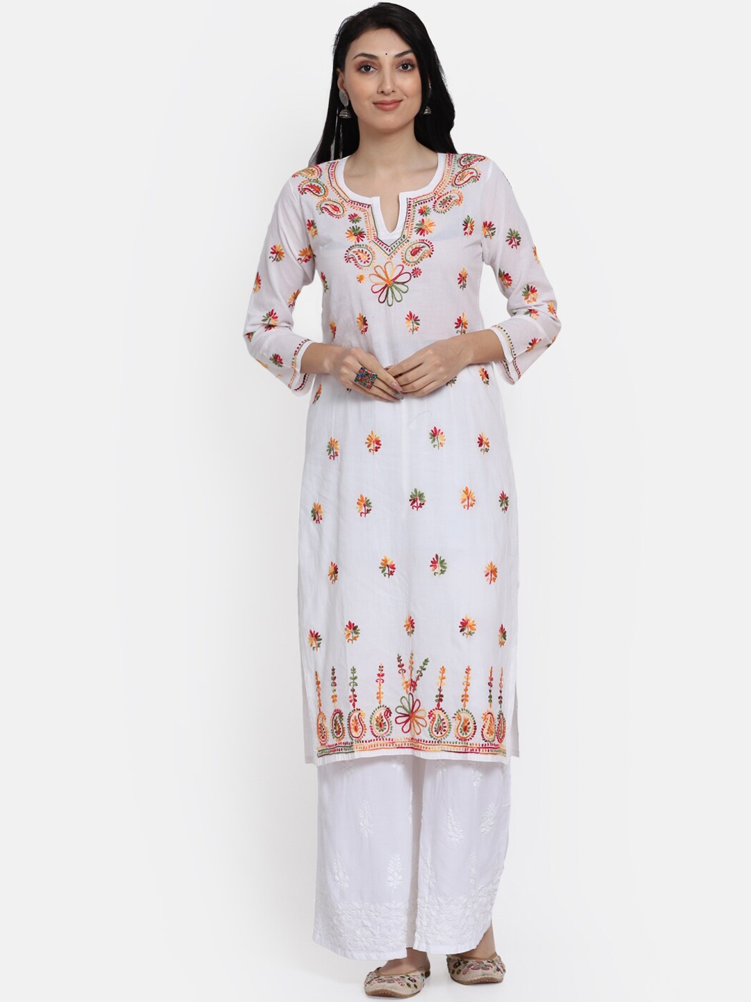 

PARAMOUNT CHIKAN Ethnic Motifs Embroidered Chikankari Cotton Kurta, White